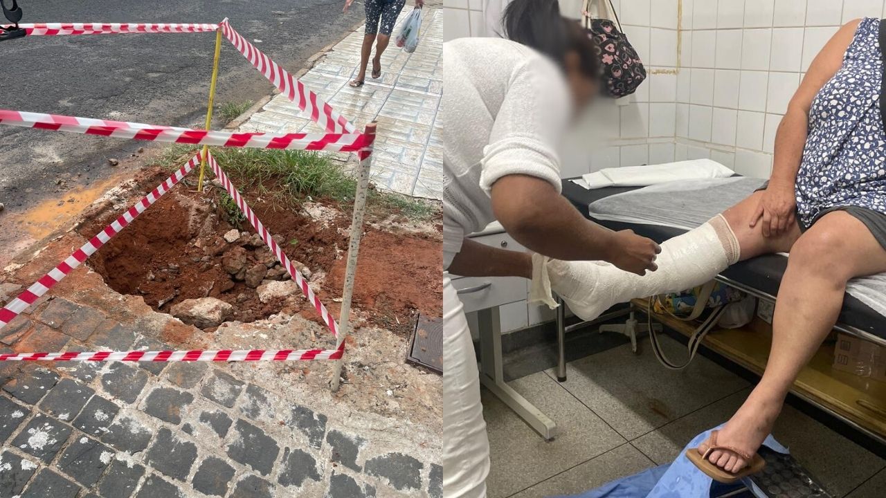 Idosa fratura o pé após calçada ceder e abrir buraco em Uberlândia