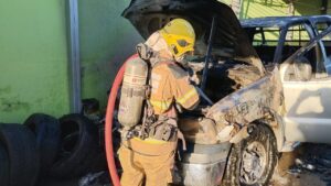 Bombeiros durante atuação no incêndio em carro em Uberlândia