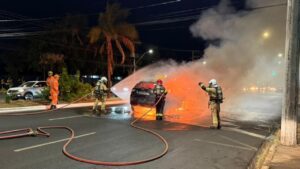 Bombeiros combatendo incêndio em carro no bairro Shopping Park, em Uberlândia