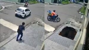 Vídeo mostra momento em que homem cai em buraco após calçada ceder em Manaus