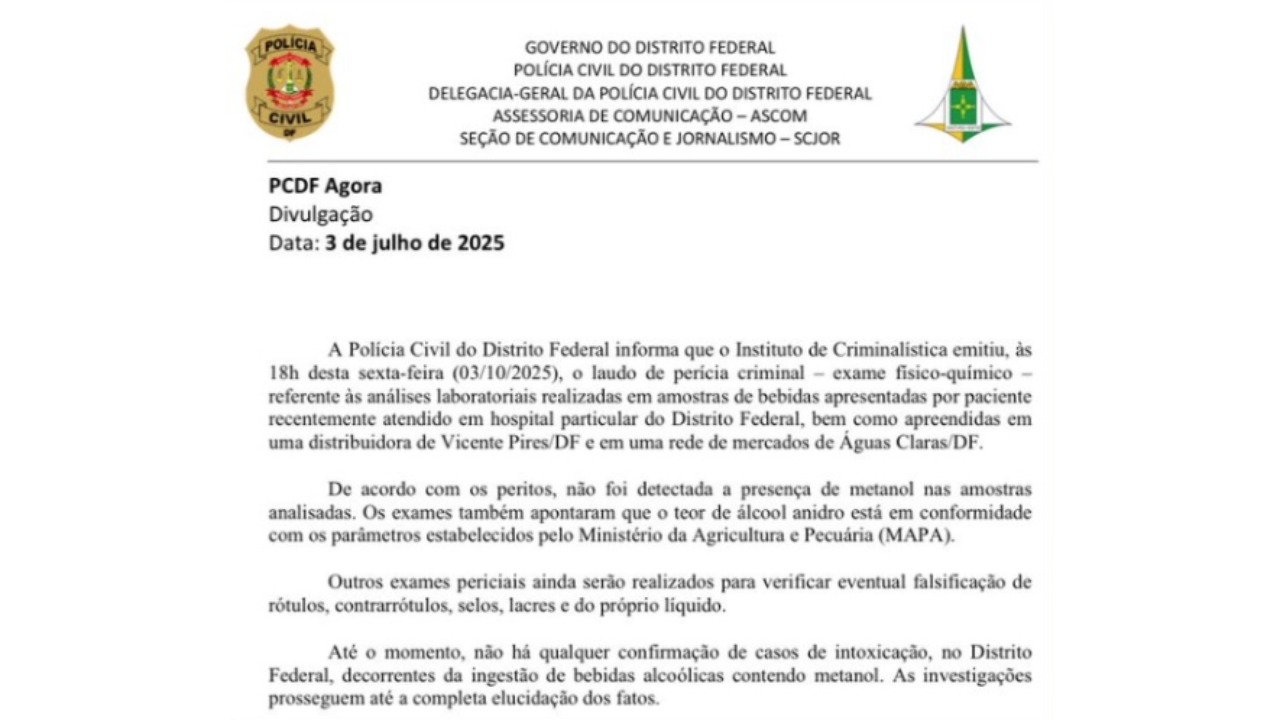 Laudo da PC sobre resultado de possível intoxicação por metanol em bebida consumida pelo rapper Hungria - Crédito: Polícia Civil do Distrito Federal/Divulgação
