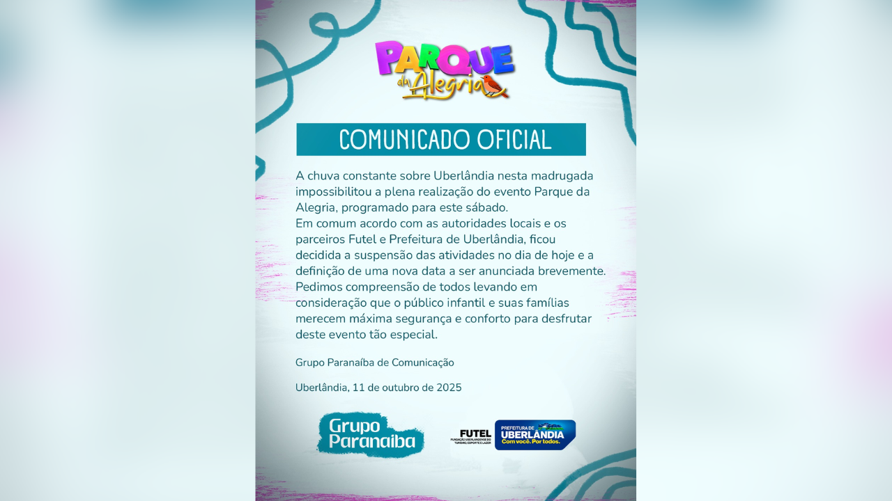 Chuva adia evento “Parque da Alegria” no Parque do Sabiá em Uberlândia Chuva adia evento “Parque da Alegria” no Parque do Sabiá em Uberlândia