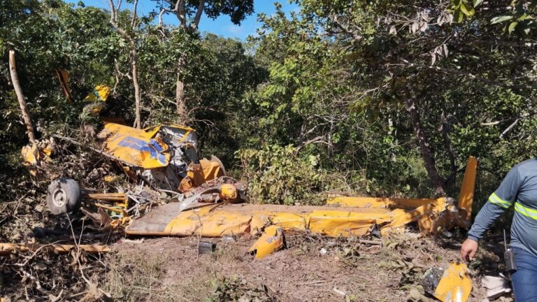 Avião agrícola ficou destruído após a queda na zona rural de Paracatu