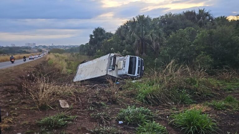 Caminhão carregado com carne sai da pista, cai em vala e mobiliza operação na MGC-497