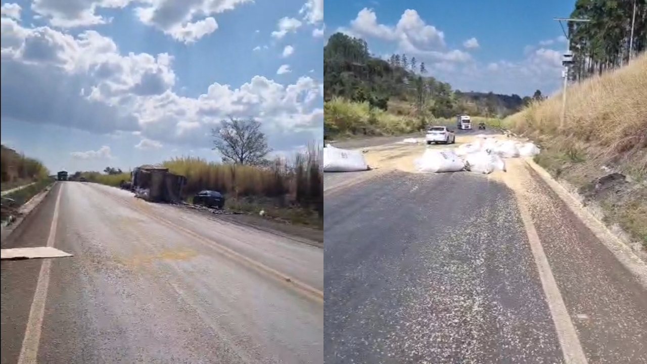 Caminhão tomba na BR-365 e espalha soja na ‘Curva da Morte’ em MG Caminhão tomba na BR-365 e espalha soja na ‘Curva da Morte’ em MG