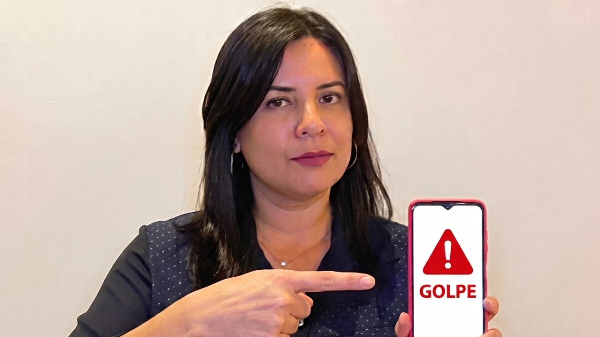 Mulher aponta para celular exibindo alerta de golpe digital na tela Mulher aponta para celular exibindo alerta de golpe digital na tela