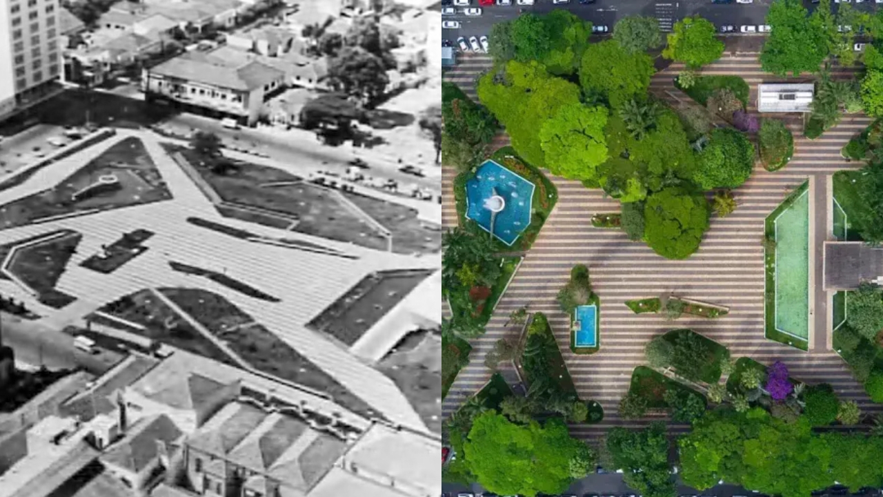 Praça Tubal Vilela, Em Uberlândia. Imagem mostra o local no passado e atualmente.