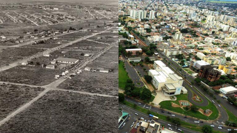 À esquerda, os bairros Tibery e Santa Mônica na década de 1970; à direita, parte do Santa Mônica atualmente.