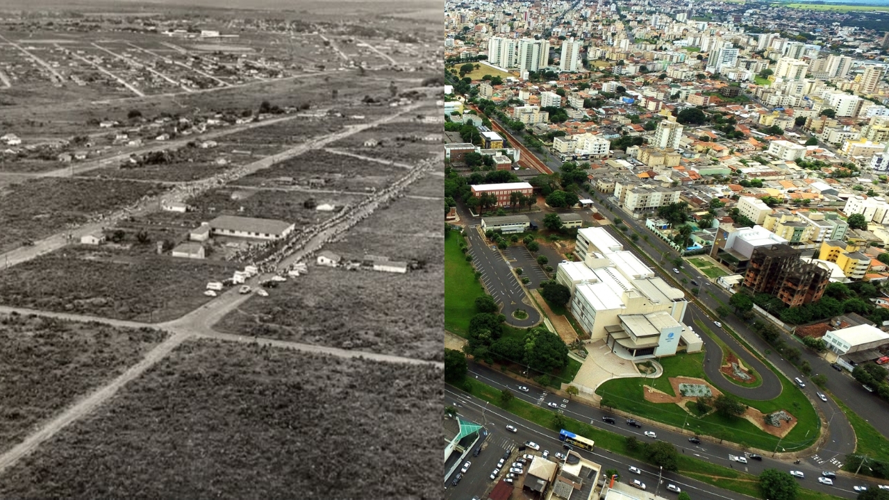 À esquerda, os bairros Tibery e Santa Mônica na década de 1970; à direita, parte do Santa Mônica atualmente.