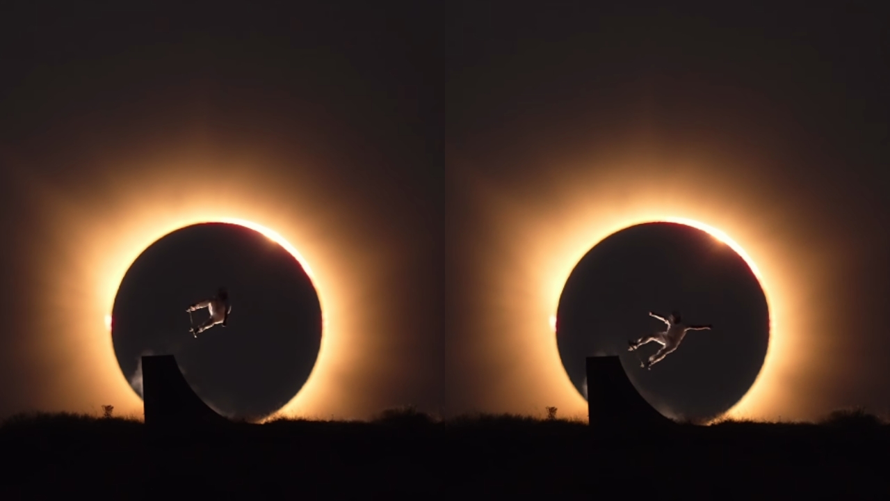 skatista salta durante eclipse