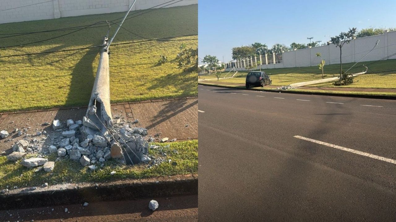 Carro bateu em três postes na Avenida Landscape, no bairro Jardim Sul, em Uberlândia.