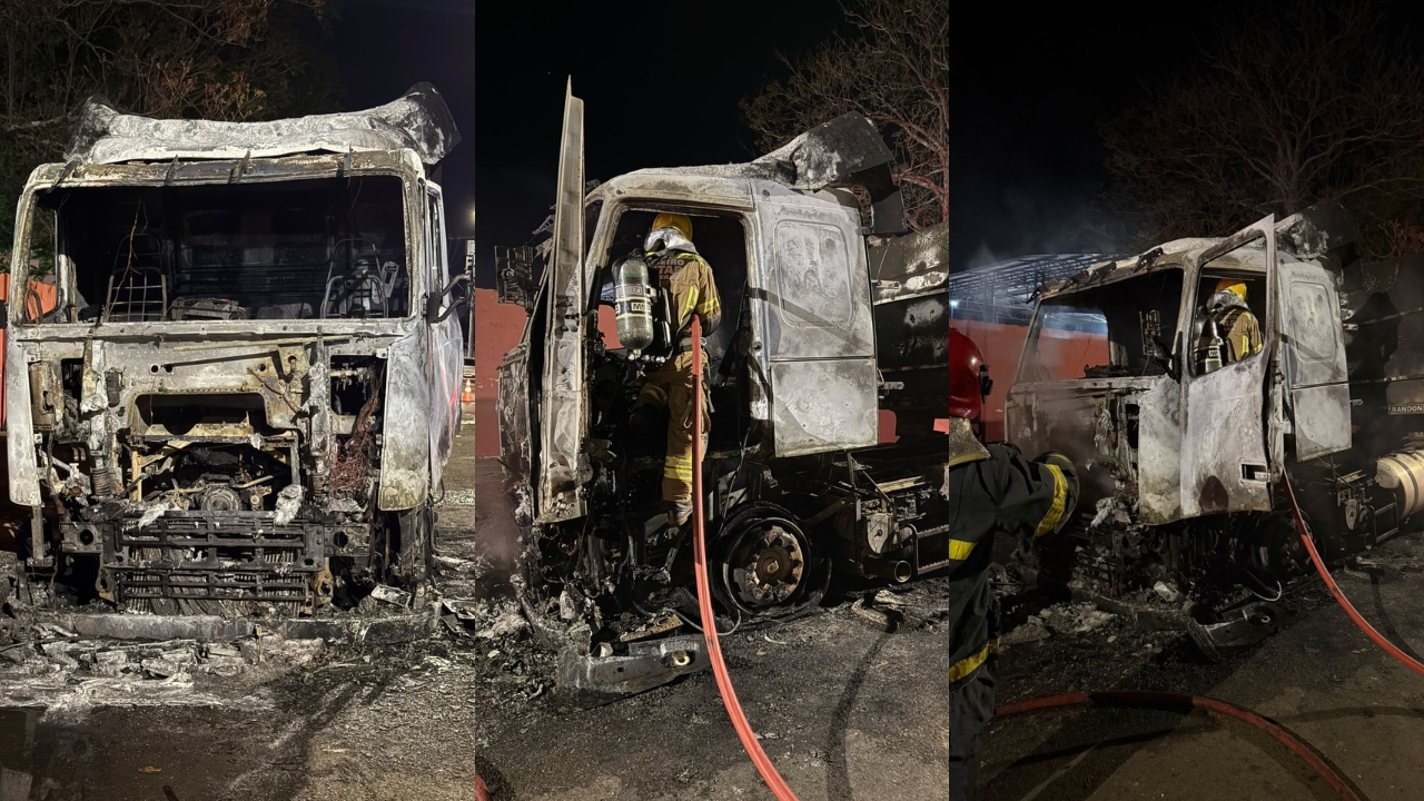 Caminhão pega fogo em Araguari e mobiliza equipes do Corpo de Bombeiros no bairro São Sebastião Caminhão pega fogo em Araguari e mobiliza equipes do Corpo de Bombeiros no bairro São Sebastião