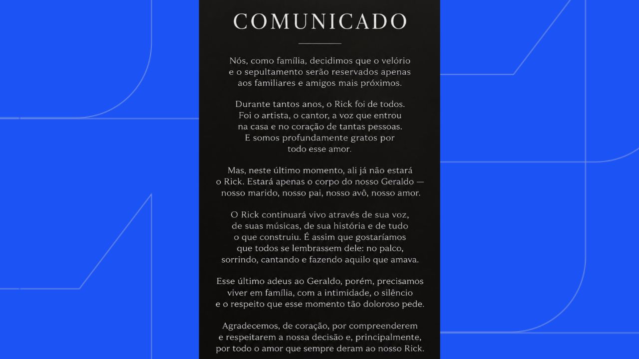 Comunicado veiculado nas redes sociais da familia, na íntegra, sobre o velório e sepultamento de Rick Sollo