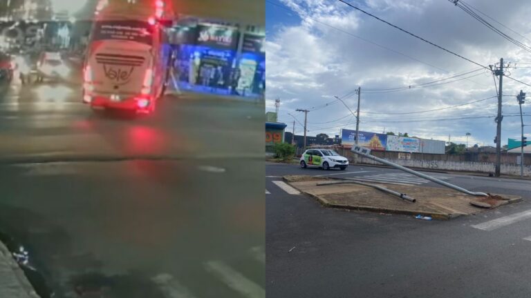estrutura do semáforo caída após ser atingida por ônibus