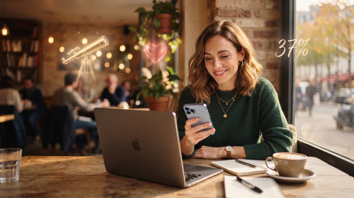 Ilustração da regra dos 37%: mulher sorridente com celular e notebook em um café Ilustração da regra dos 37%: mulher sorridente com celular e notebook em um café