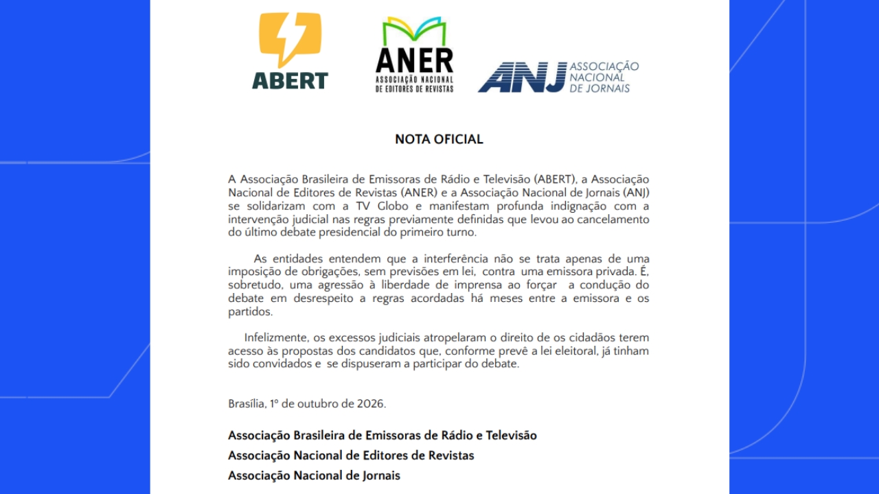 ABERT, ANER e ANJ divulgam nota conjunta contra a interferência judicial nas regras do debate da Globo ABERT, ANER e ANJ divulgam nota conjunta contra a interferência judicial nas regras do debate da Globo