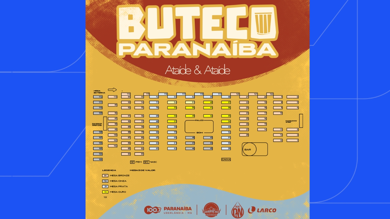 Mapa de mesas do Buteco Paranaíba, que recebe Ataíde e Ataíde em 31 de outubro Mapa de mesas do Buteco Paranaíba, que recebe Ataíde e Ataíde em 31 de outubro