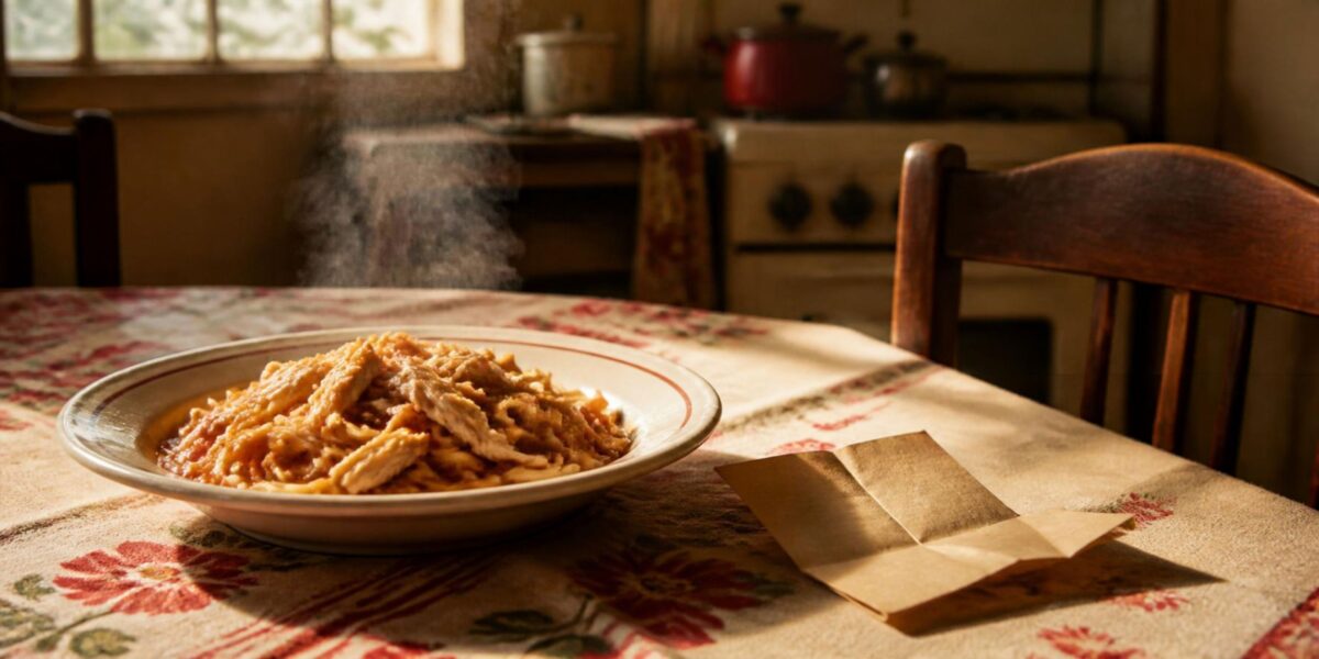 Prato de macarrão com frango e cédula de papel ao lado na mesa Prato de macarrão com frango e cédula de papel ao lado na mesa
