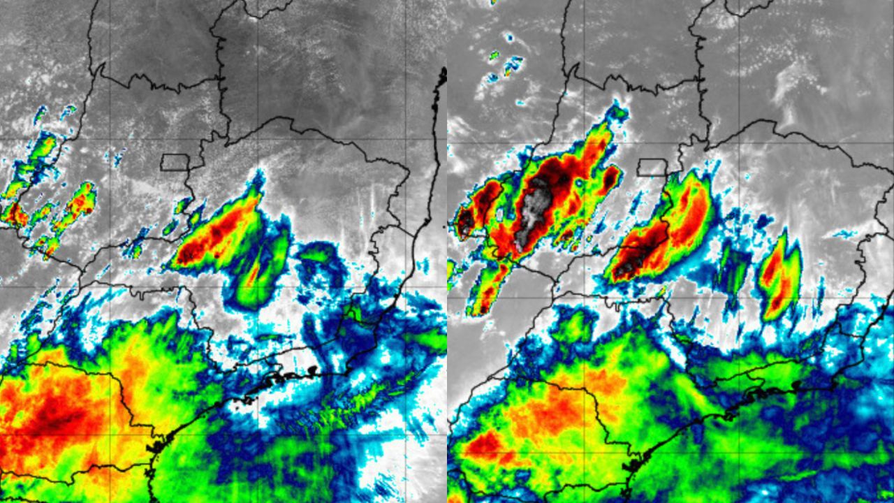 Imagens de satélite que mostram a evolução das nívens carregadas ao longo do dia nas regiões onde pareceu que nevou em Minas